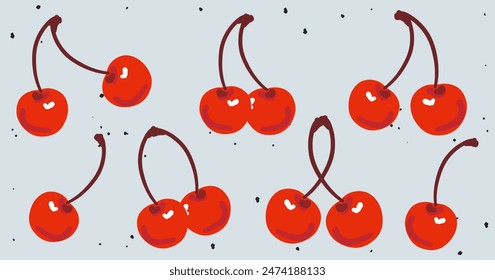 Set of cherries. Sweet summer bright cherry in trendy retro vintage style. Cartoon red fresh food collection. Cute fruit icon. Hand drawn isolated vector illustration