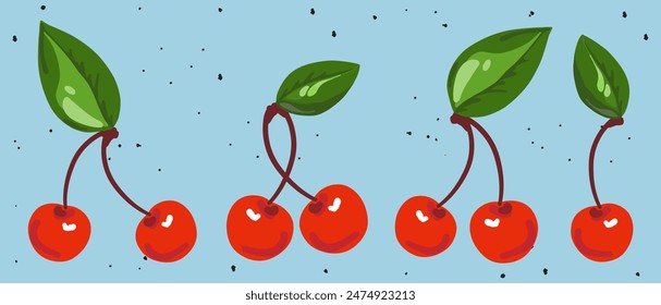 Set of cherries. Sweet summer bright cherry in trendy retro vintage style. Cartoon red fresh food collection. Cute fruit icon. Hand drawn isolated vector illustration