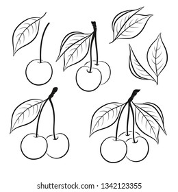 Set of Cherry, Berries and Leaves, Black Pictograms Isolated on White. Vector