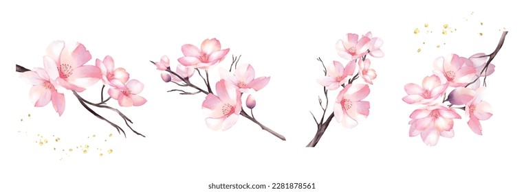 Set of cherry blossom bouquet watercolor vector elements design. Suitable for decorative spring festivals, Winter, Valentine's Day, invitations, or greeting cards. - Shutterstock ID 2281878561