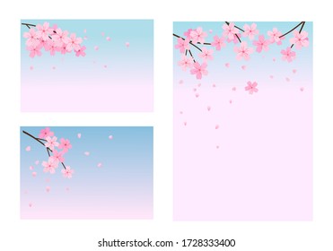 Set of cherry blossom, pink floral on blurred background vector illustration. Sakura Japanese flower.