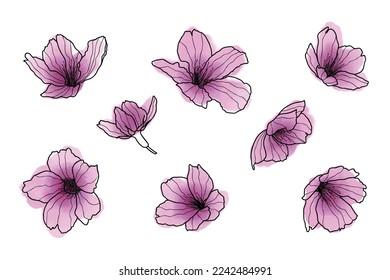 Set of Cherry blossoms flowers and logo. Trendy botanical elements. Hand drawn line leaves, branches and blooming. Wedding elegant wildflowers for invitation save the date card. Vector linear design.