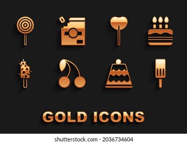 Set Cherry, Cake with burning candles, Ice cream, Lollipop,  and Candy packaging for sweets icon. Vector