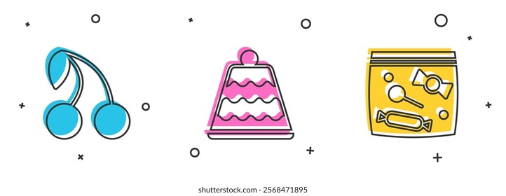 Set Cherry, Cake and Candy packaging for sweets icon. Vector