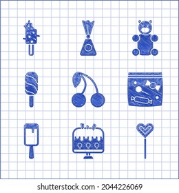 Set Cherry, Cake on plate, Lollipop, Candy packaging for sweets, Ice cream, Jelly bear candy and  icon. Vector