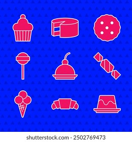 Set Cherry cheesecake, Croissant, Pudding custard, Candy, Ice cream waffle cone, Lollipop, Cookie or biscuit and Cake icon. Vector