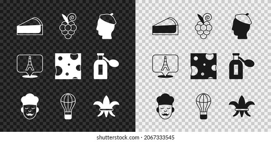 Set Cherry cheesecake slice, Grape fruit, French man, Cook, Hot air balloon, Fleur De Lys, Eiffel tower and Cheese icon. Vector