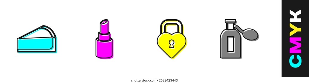 Conjunto de rebanada de pastel de queso de cereza, lápiz labial, castillo en forma de corazón e icono de perfume. Vector