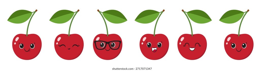 Conjunto de dibujos animados de personaje lindo de cereza, fruta jugosa, ojos grandes, cara sonriente feliz, emociones alegría deleite, estilo kawaii, Ilustración vectorial.