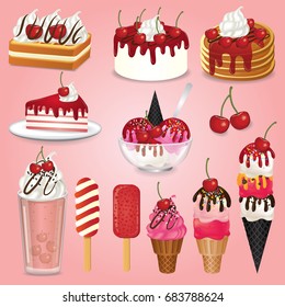 set of cherry desserts vector illustration