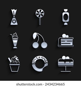 Set Cherry, Donut, Cake plate, Piece of cake, Ice cream in bowl, Milkshake, Candy and  icon. Vector