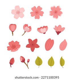 Set of Cherry Flowers, Leaves and Petals Isolated on White Background. Sakura Blossoms and Blooming Buds Elements for Graphic Design, Wedding Invitation and Decor. Cartoon Vector Illustration