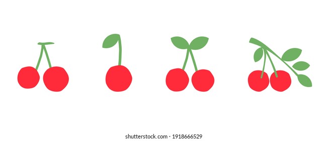 Set of cherry fruit with green leaves  icons on white background vector illustration. 