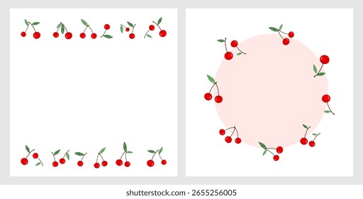 Set of cherry fruit with green leaves isolated in white background vector.