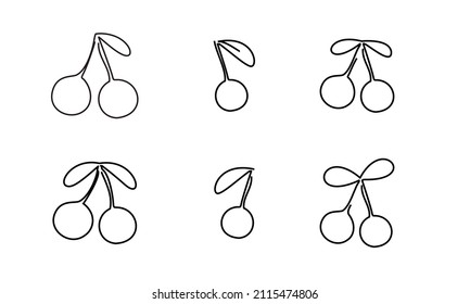 Conjunto de iconos de frutos de cerezo aislados en la ilustración vectorial de fondo blanco. Resumen de un estilo de arte de una línea.