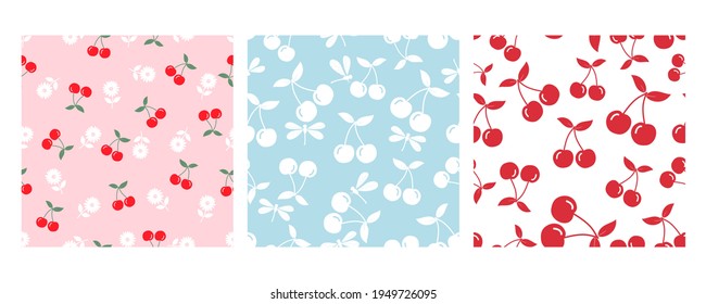 Set of cherry fruit seamless patterns vector illustration. Flat design for print. 