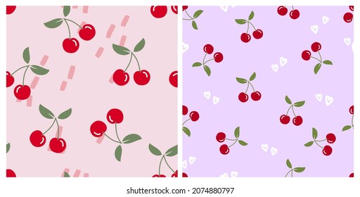 Set of cherry fruit seamless patterns on pink and purple backgrounds vector illustration. Cute fruit prints.