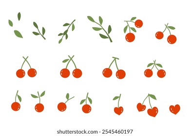 Conjunto de cereza con signos de iconos de ramas verdes aislados en el Vector de fondo blanco.