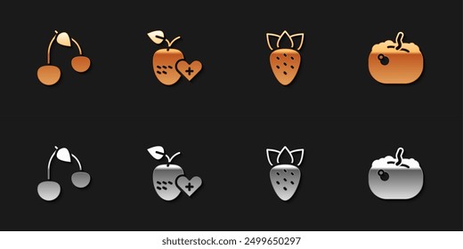 Set Cherry, Healthy fruit, Strawberry and Pumpkin icon. Vector