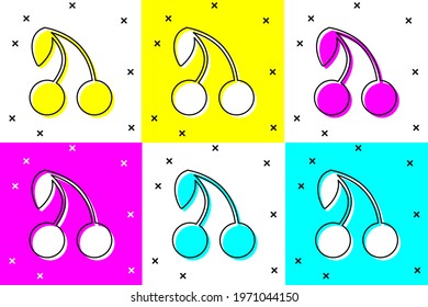 Set Cherry icon isolated on color background. Fruit with leaf symbol.  Vector