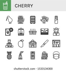 Set of cherry icons. Such as Chicha de frutilla, Kiwi, Slot machine, Fruits, Popsicle, Pie, Gambling, Cookie jar, Muffin, Cherry, Geisha, Croupier, Mango, Casino , cherry icons