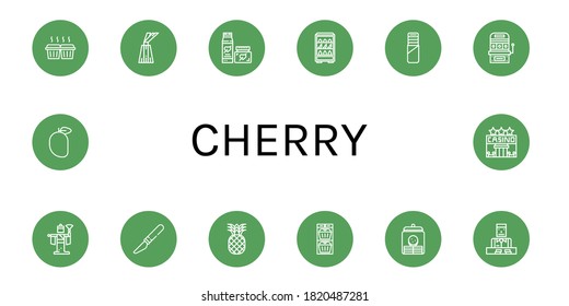 Juego de iconos de cerezas. Tales como Muffin, Postre, Crema, Frutas, Pie, Máquina de ranura, Kabuki, Slice, Piña, Frasco de Cookie, Croupier, Mango, Casino, iconos de cerezo