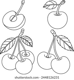 Set of Cherry Isolated Vector Illustration Coloring Page For Kids