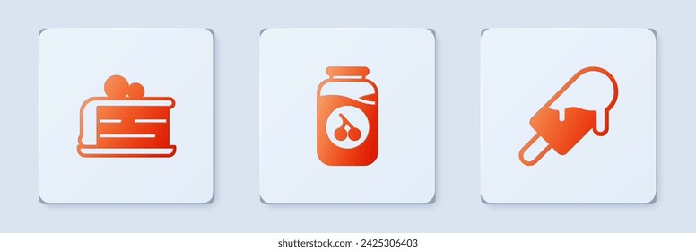Set Cherry jam jar, Piece of cake and Ice cream. White square button. Vector