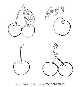Conjunto de arte de línea de cereza Ilustración vectorial aislada con líneas simples y limpias y un diseño moderno y elegante, perfecto para su uso en logotipos, empaques, ilustraciones digitales y páginas para colorear