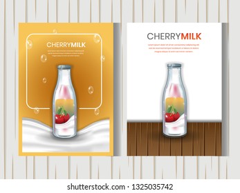 Set of cherry milk drink in a bottle flyer design template with 3d realistic style for brochure, poster, magazine cover, banner, card and background in A4 format size paper.