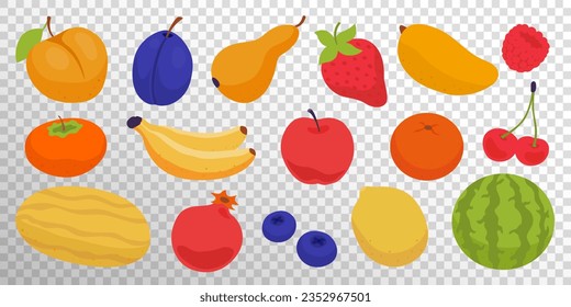 Set of cherry, orange, lemon, watermelon, melon, blueberry, bananas, raspberry, strawberry, pomegranate, plum, persimmon, apricot, peach, pear, apple. Fruits and berries on transparent background