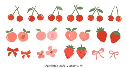 Conjunto de cereza, melocotón, fresa, lazo de cinta y signo lindo del icono de la flor aislado en el Vector de fondo blanco. 