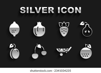 Set Cherry, Pear, Orange fruit, Peas, Plum, Strawberry, Lemon and Pomegranate icon. Vector