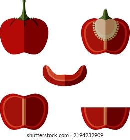 Set Of Cherry Pepper For Banners, Social Media. Whole, Half, Sliced And Wedges Peppers. Pimento. Pimiento. Capsicum Annuum. Vegetables. Flat Style. Vector Illustration Isolated On White Background.