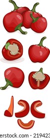 Set Of Cherry Pepper For Banners, Social Media. Whole, Half, Sliced And Wedges Peppers. Pimento. Pimiento. Capsicum Annuum. Vegetables. Cartoon Style. Vector Illustration Isolated On White Background.