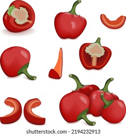 Set Of Cherry Pepper For Banners, Social Media. Whole, Half, Sliced And Wedges Peppers. Pimento. Pimiento. Capsicum Annuum. Fresh Organic Vegetables. Vector Illustration Isolated On White Background.