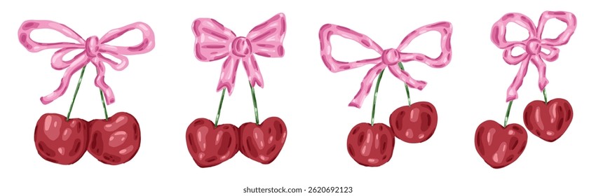 Set of cherry with pink bow and ribbon in watercolor style. Vintage coquette illustration