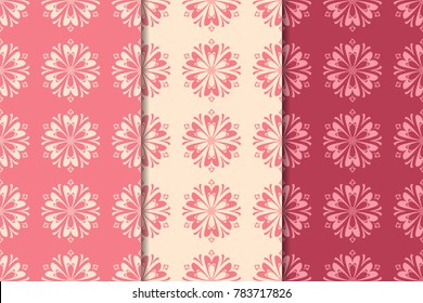 Set of cherry red floral designs. Vertical seamless patterns. Wallpaper backgrounds