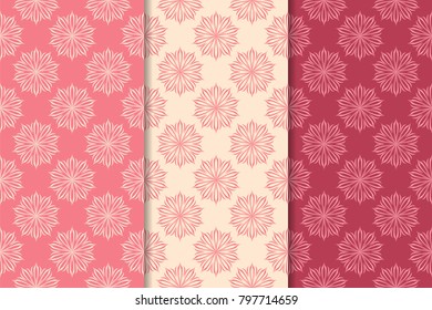 Set of cherry red floral designs. Vertical seamless patterns. Wallpaper backgrounds