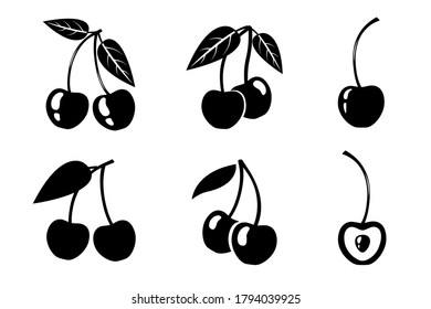 Conjunto de siluetas de cerezo. Formas blancas y negras aisladas sobre fondo blanco. Ilustración vectorial de material.