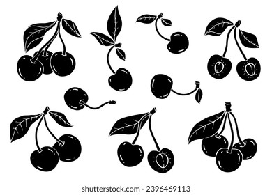 Set of cherry silhouettes.Decorative botanical element.Vector graphics.