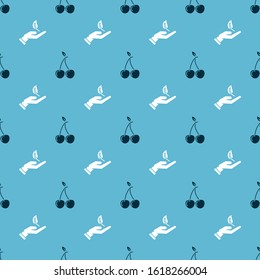Set Cherry and Sprout in hand of environmental protection on seamless pattern. Vector