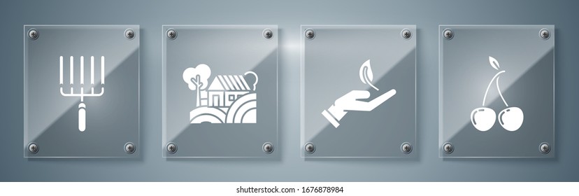 Set Cherry, Sprout in hand of environmental protection, Farm House concept and Garden rake in work. Square glass panels. Vector