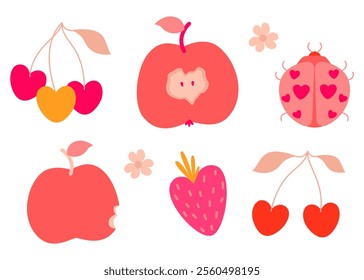 Set of cherry, strawberry, apple, ladybug berries stylized for Valentine's Day. Vector illustration on white background.