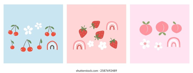 
Set of cherry, strawberry, peach, cute flower and rainbow icon signs on blue and pink backgrounds vector. Cute wall art decoration.
