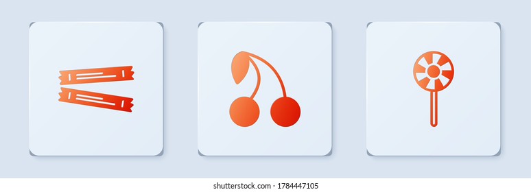 Set Cherry, Sugar stick packets and Lollipop. White square button. Vector