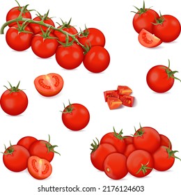 Set of cherry tomatoes for banners, flyers, posters, and social media. Whole, half, quarter cherry tomato. Fresh organic and healthy vegetables. Vector illustration isolated on white background.