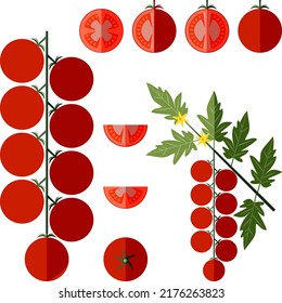 Set of cherry tomatoes for banners, flyers, posters, social media. Branch, whole, half, quarter cherry tomato. Fresh organic vegetables. Flat style. Vector illustration isolated on white background.