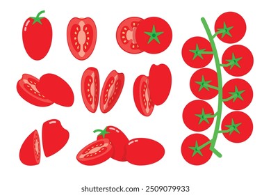 Set of Cherry Tomatoes, Farm fresh red Tomato product emblem for grocery shop, Slides, long and cross sections, and different positions, simple flat vector illustration of vegetables and fruits.