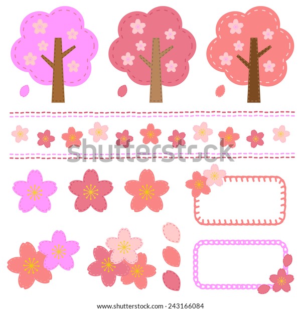 Set Cherry Tree Handcraft Vector Eps10 Stock Vector